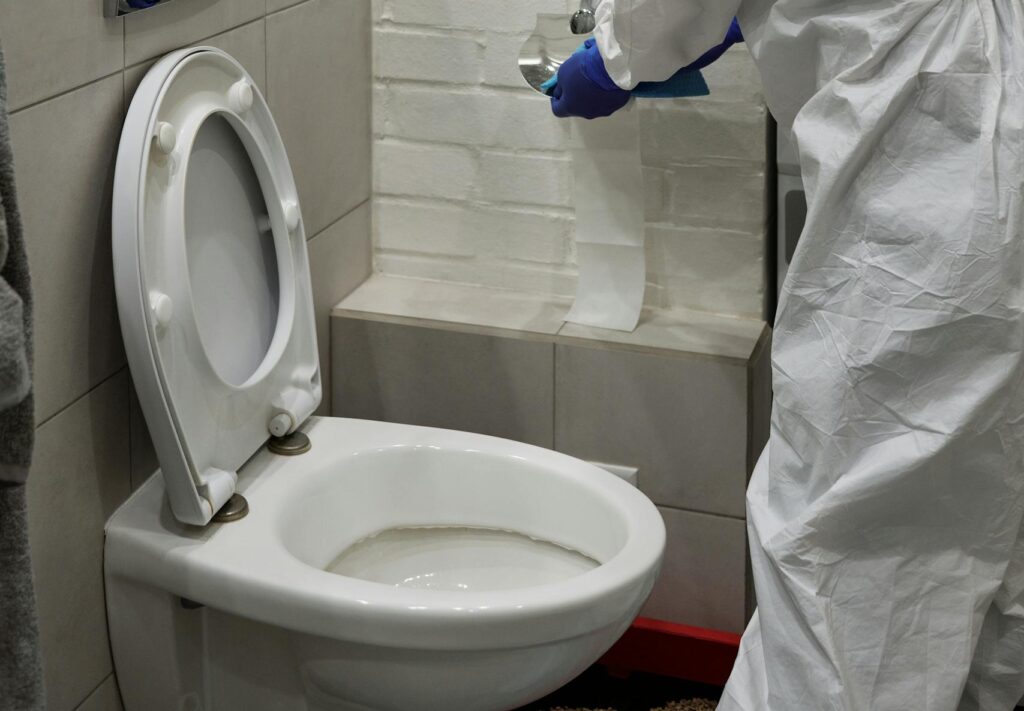 A cleaner in full protective gear disinfecting a bathroom, ensuring hygiene and safety.