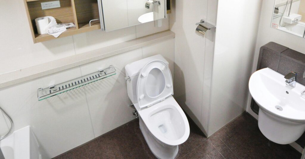 A contemporary bathroom with a toilet, sink, and storage shelves featuring a minimalist design.