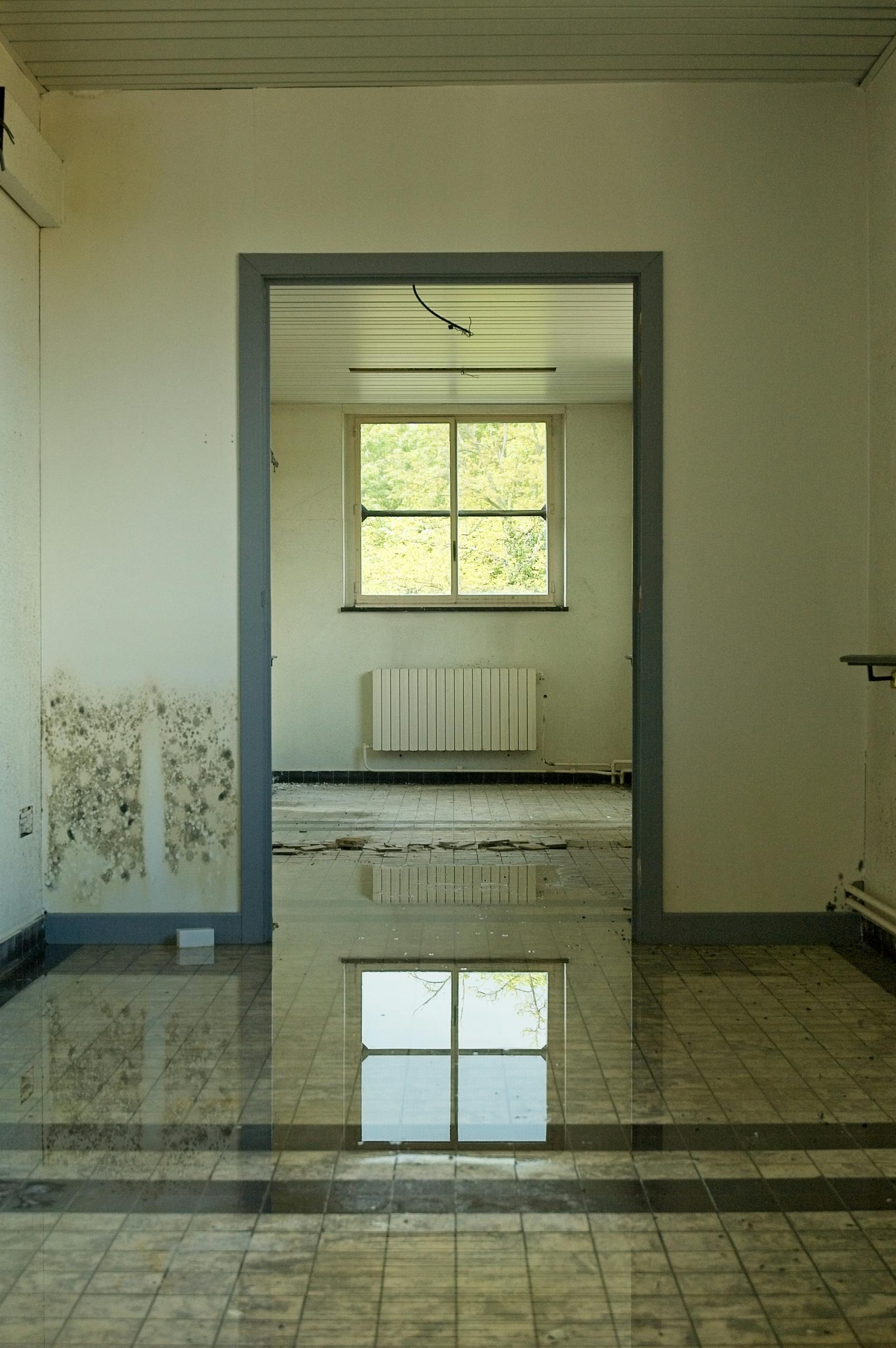 An abandoned room with a flooded floor reflecting a window, highlighting decay and neglect.