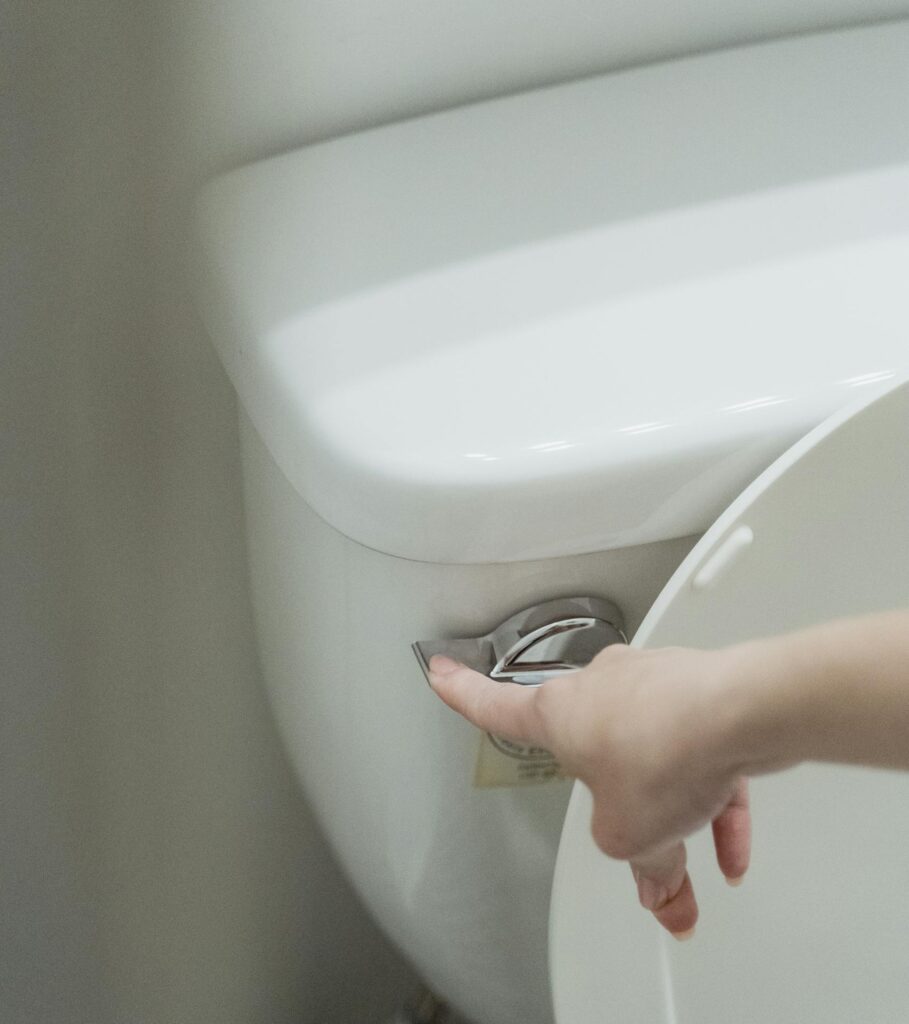 Close-up of a hand flushing a modern toilet, emphasizing hygiene and water conservation.