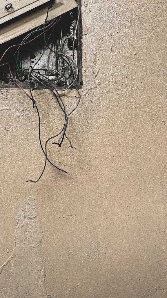 Close-up of exposed electrical wires on a textured, shabby wall. Vertical shot indoors.